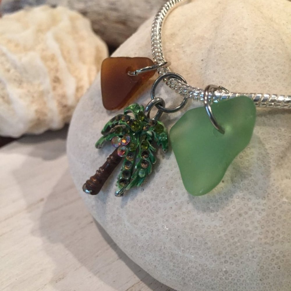 Green & Brown Sea Glass Bracelet with Palm Tree